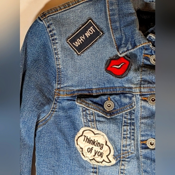 New Look Cropped Jean Jacket with Patch Work Open Hem Size M - Picture 9 of 9